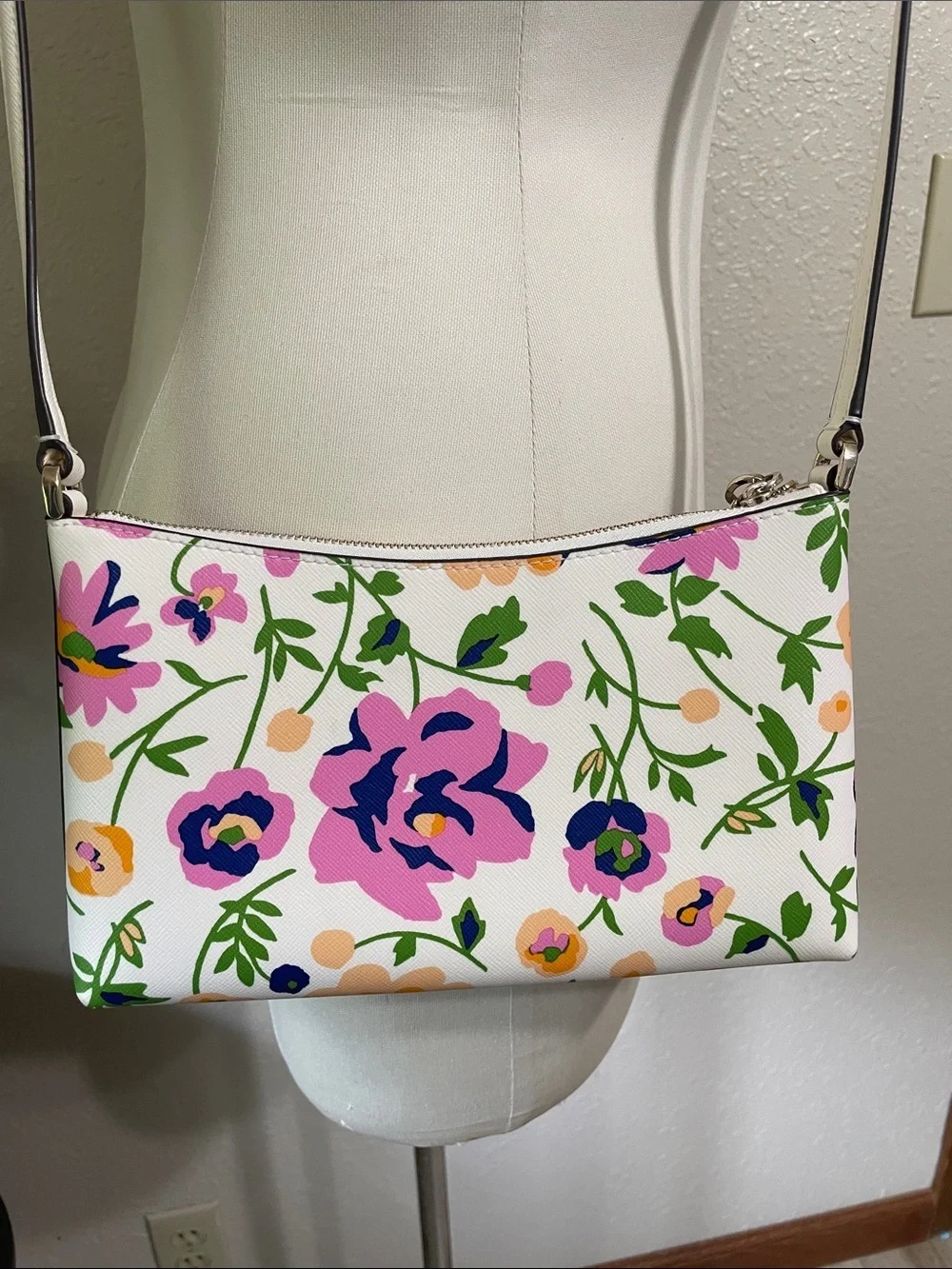 kate spade Sadie White Floral Crossbody with Pink, Purple and Green Accents